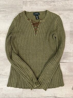 Lauren Ralph Lauren Olive Green Ribbed Lace-Up Pullover size medium silk-linen